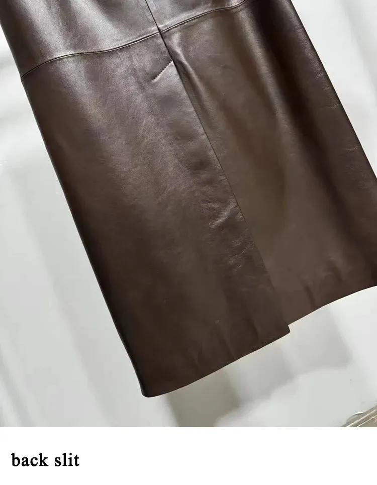 Women’s Genuine Long Leather Skirt with Belt, Slim Fit, Mid-Calf, Autumn/Winter Style