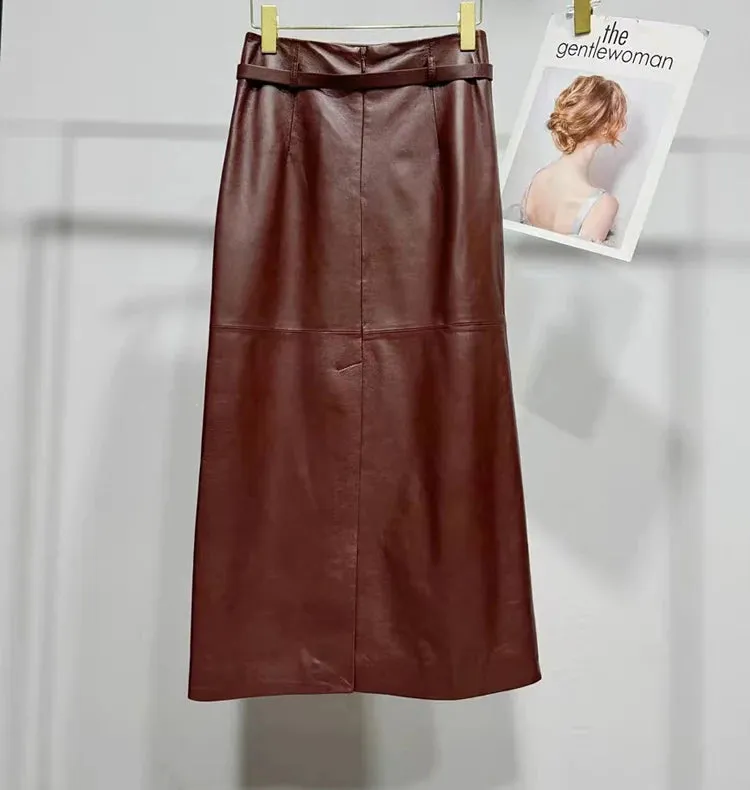 Women’s Genuine Long Leather Skirt with Belt, Slim Fit, Mid-Calf, Autumn/Winter Style