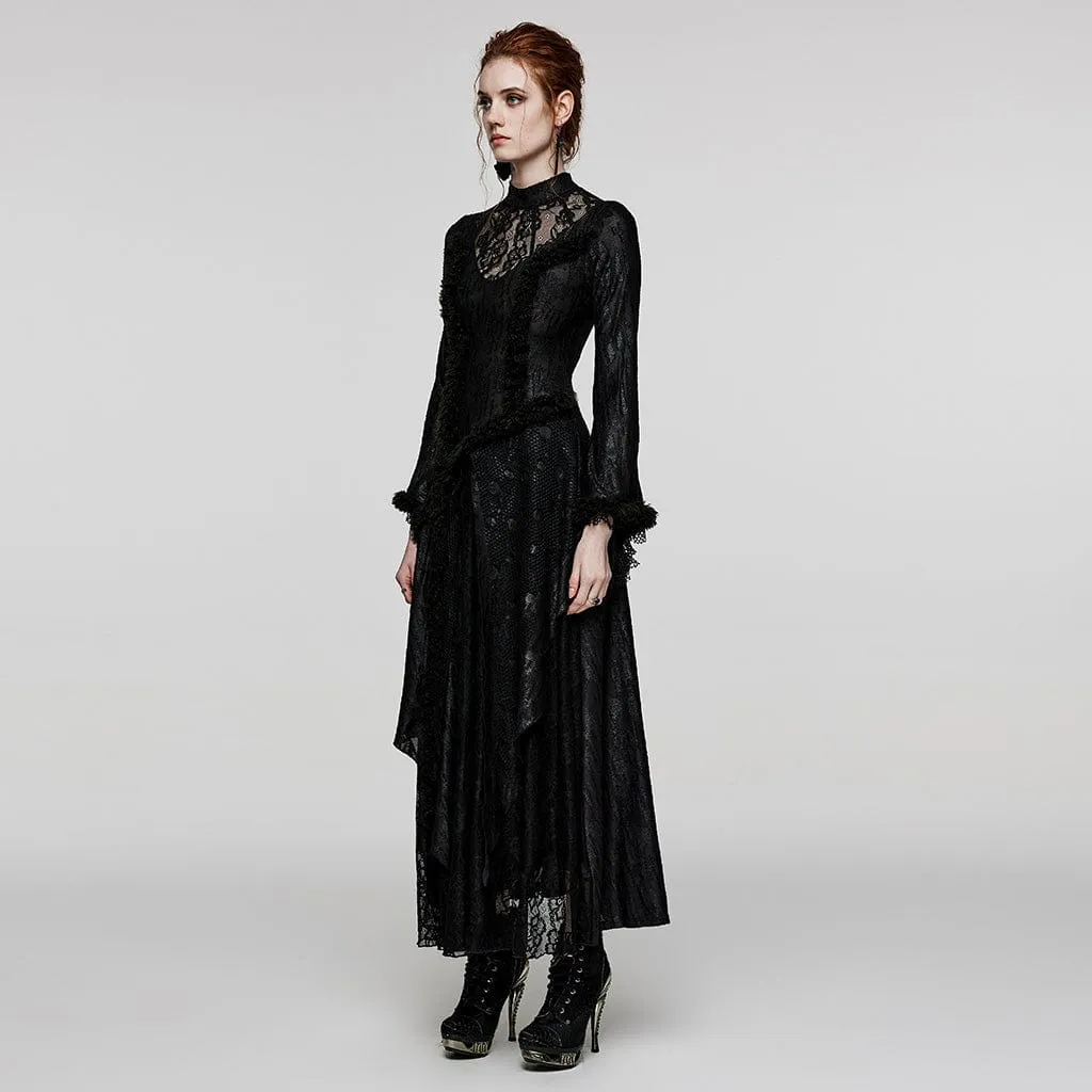 Women's Gothic Flared Sleeved Mesh Splice Lace Wedding Dress