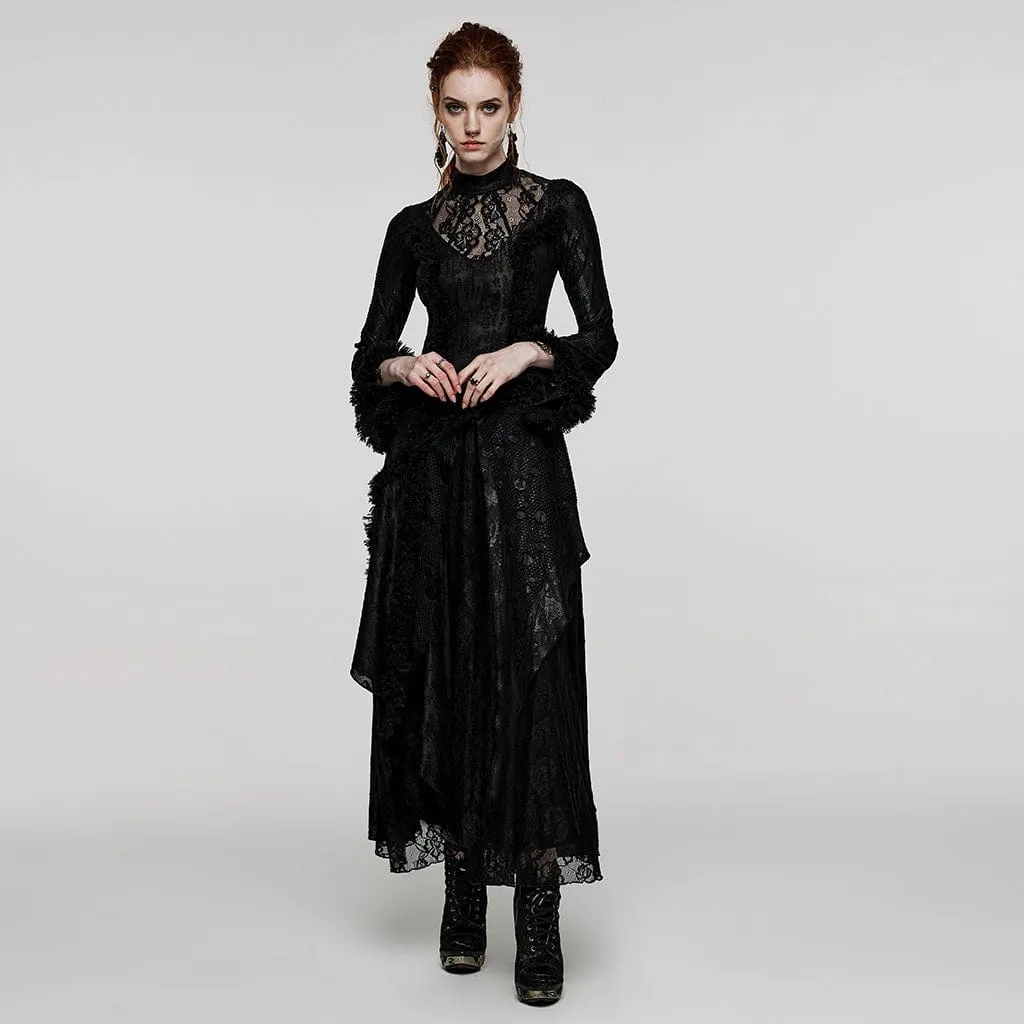 Women's Gothic Flared Sleeved Mesh Splice Lace Wedding Dress