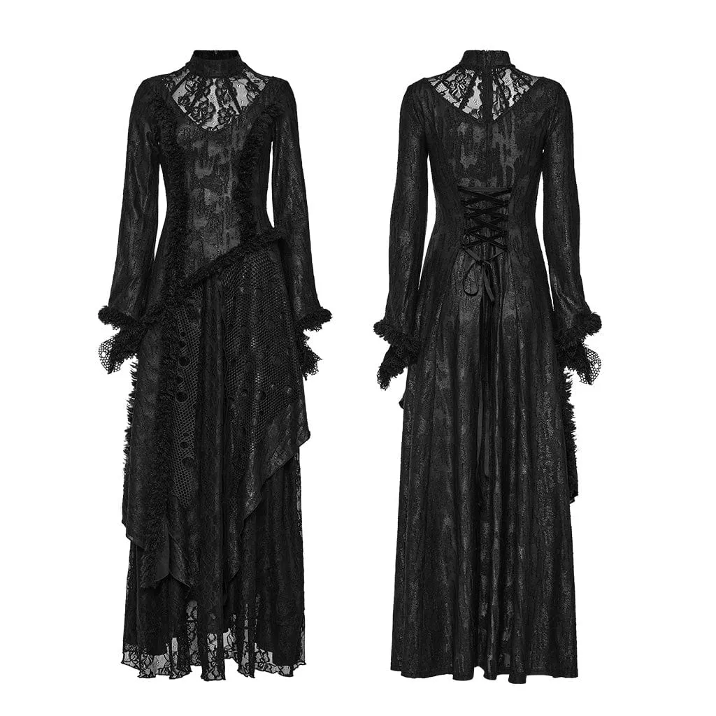 Women's Gothic Flared Sleeved Mesh Splice Lace Wedding Dress