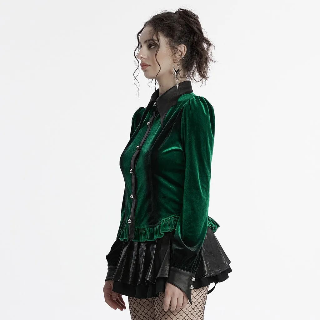 Women's Gothic Puff Sleeved Gradient Velvet Shirt Green