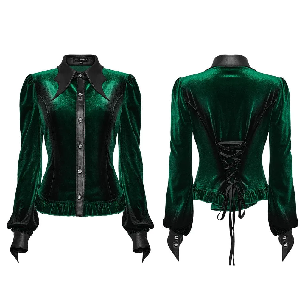 Women's Gothic Puff Sleeved Gradient Velvet Shirt Green