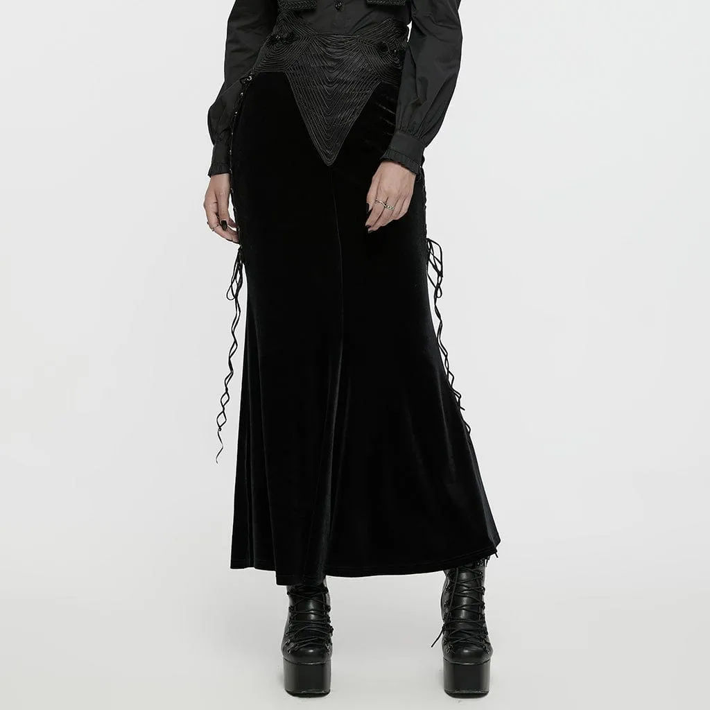 Women's Gothic Rose Embroidered Lace-up Fishtailed Velvet Skirt Black