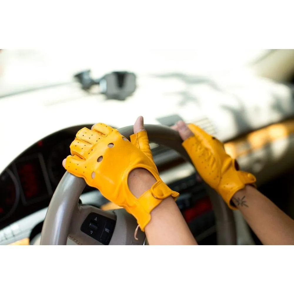 Women's Yellow Leather Napoli Fingerless Driving Gloves