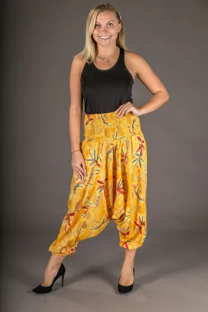 Yellow Floral Chilli Print Cotton Harem Yoga Jumpsuit Pants