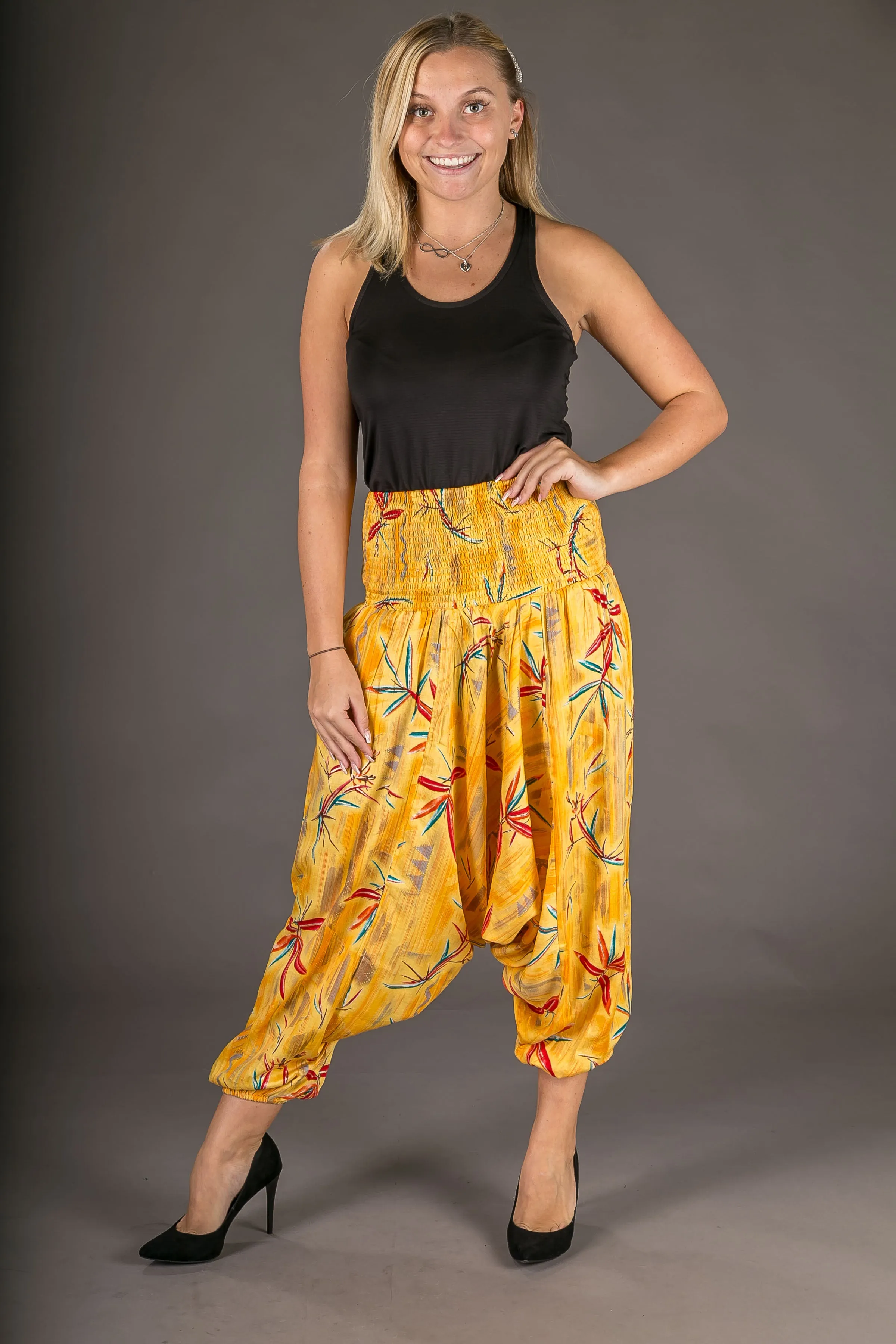 Yellow Floral Chilli Print Cotton Harem Yoga Jumpsuit Pants