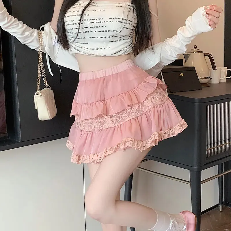 YESMYTOOL  -   Kawaii Mini Skirt Women Lace Ruffle Patchwork Summer High Waist Balletcore A-line Short Skirt Coquette Girl Aesthetic