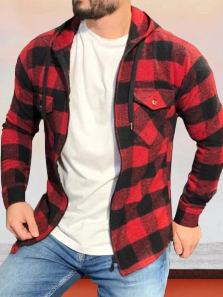 Zipper Cardigan Hooded Plaid Long-sleeved Shirt