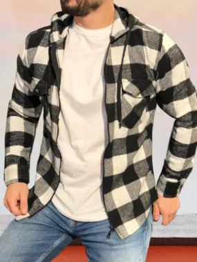 Zipper Cardigan Hooded Plaid Long-sleeved Shirt