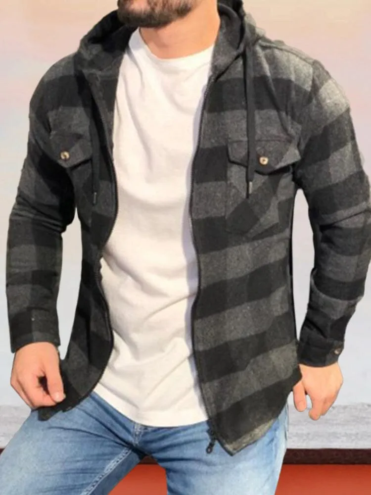 Zipper Cardigan Hooded Plaid Long-sleeved Shirt